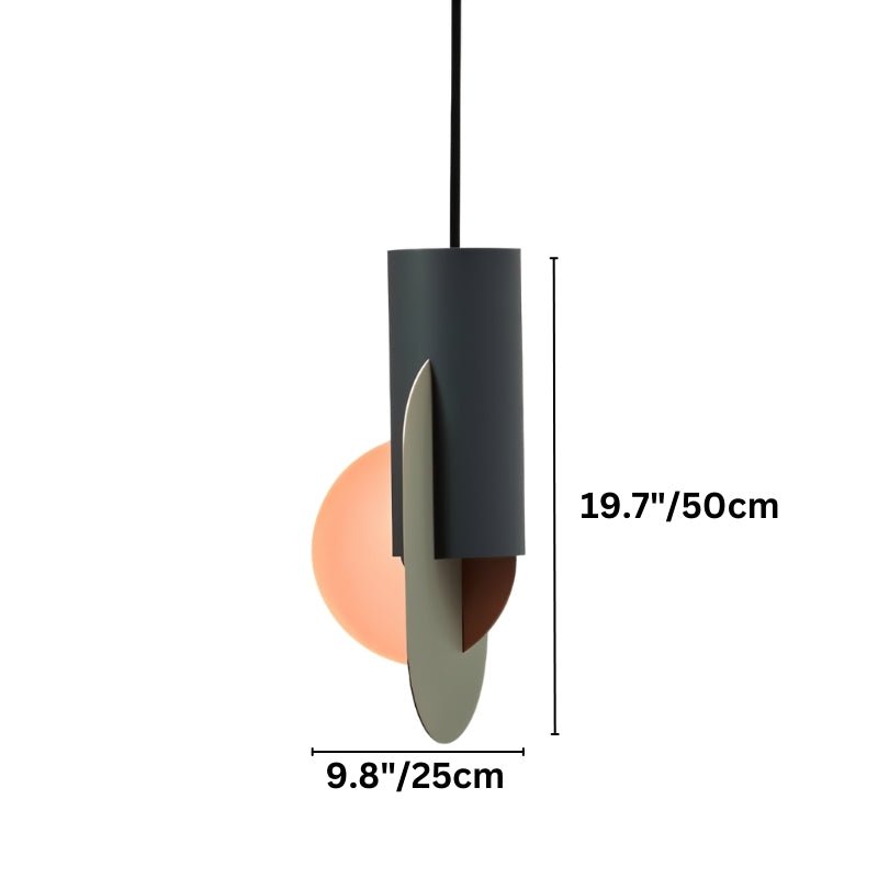 Clérachic teal cylinder pendant with sage oval and peach disc, marked with a height of 50 cm and a width of 25 cm.