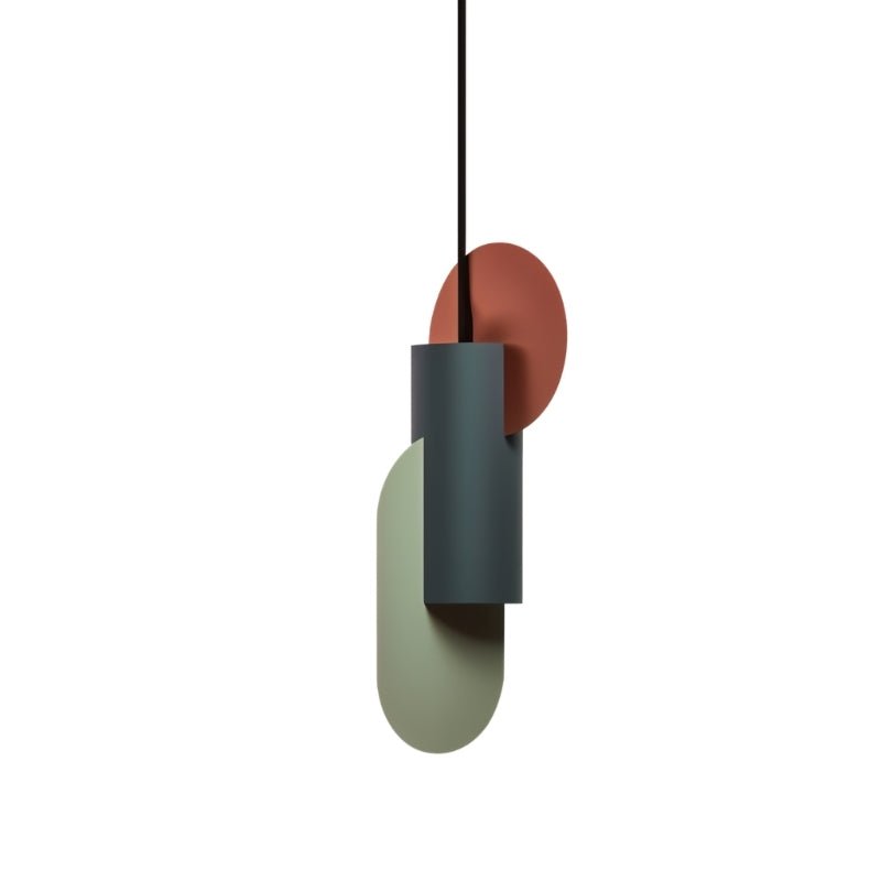 Clérachic teal cylinder pendant with a sage oval plate below and a terracotta half-disc behind, on a plain white ground.