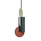 Clérachic teal cylinder pendant with a sage oval rising above it and a large terracotta disc below, on a white ground.