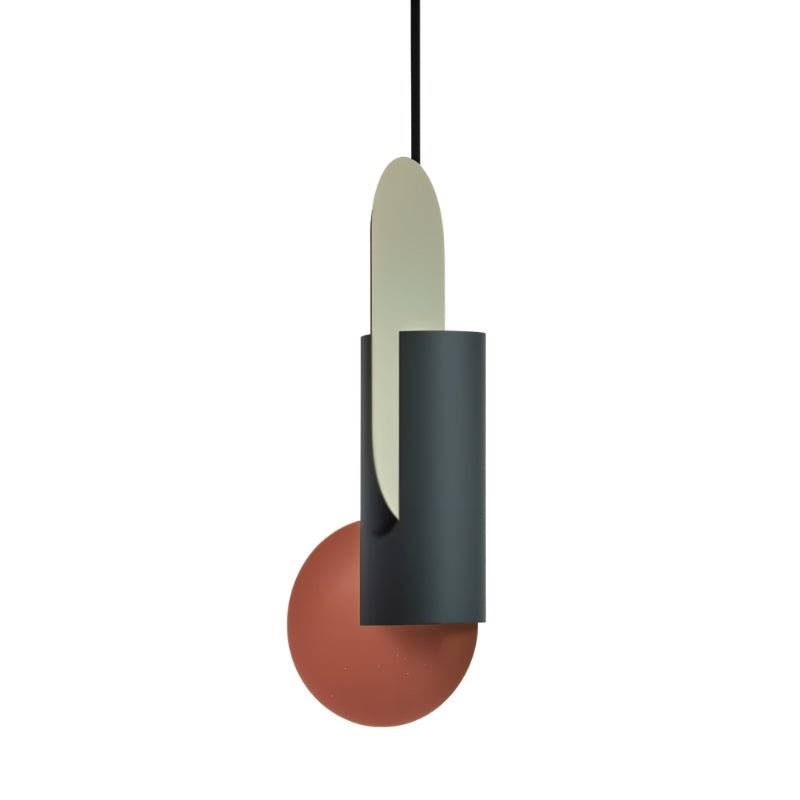Clérachic teal cylinder pendant with a sage oval rising above it and a large terracotta disc below, on a white ground.