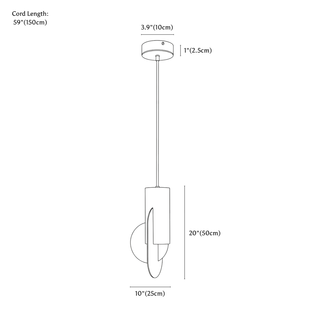 Clérachic pendant light dimension drawing, 25 × 50 cm, every measurement marked in centimetres and inches.