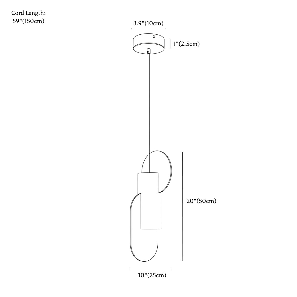 Clérachic pendant light dimension drawing, 25 × 50 cm, second style, every measurement marked in centimetres and inches.
