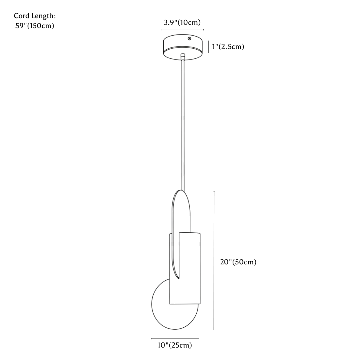 Clérachic pendant light dimension drawing, 25 × 50 cm, third style, every measurement marked in centimetres and inches.