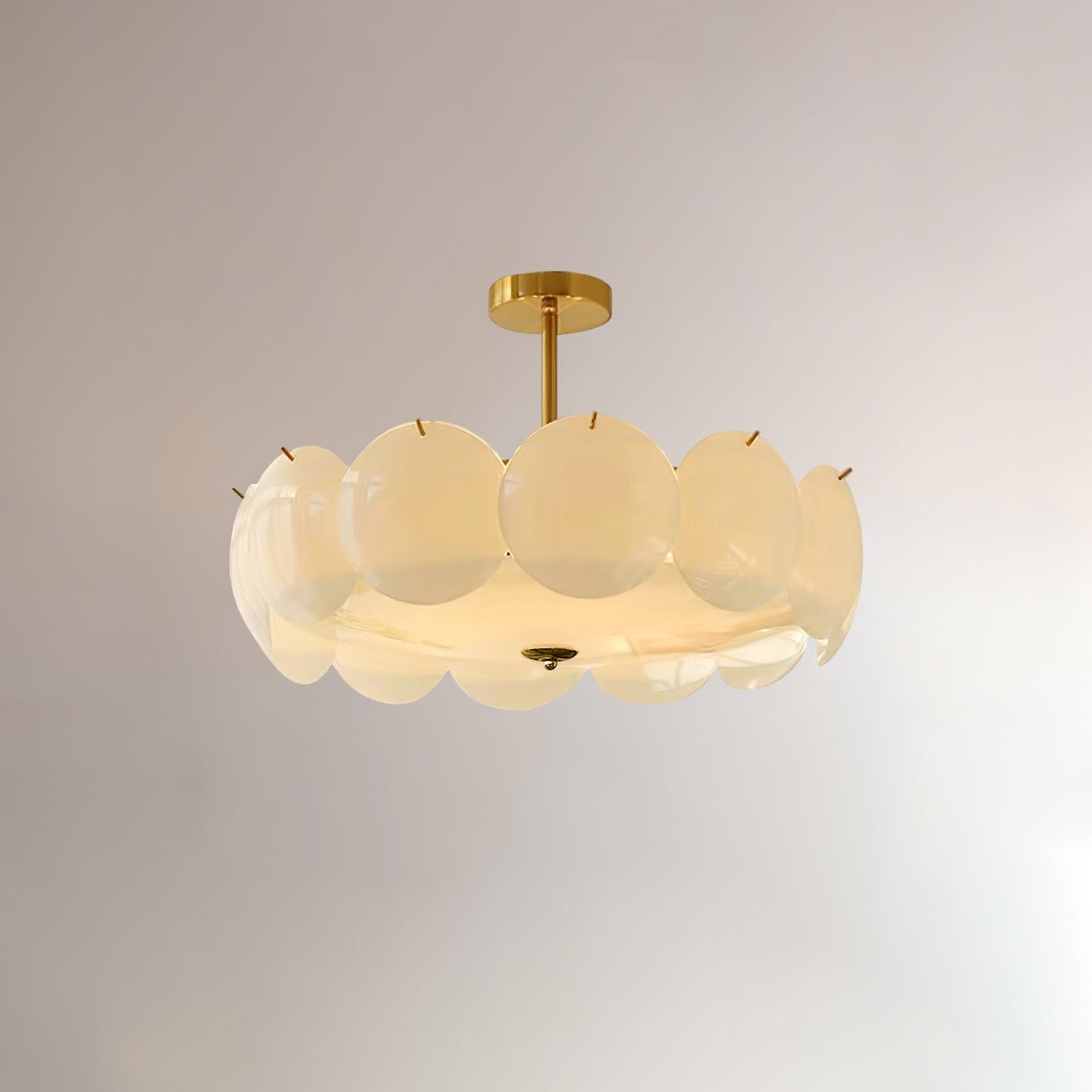 A wide view of the Clérachic overlapping glass disc semi-flush ceiling light, unlit, on a plain white backdrop.