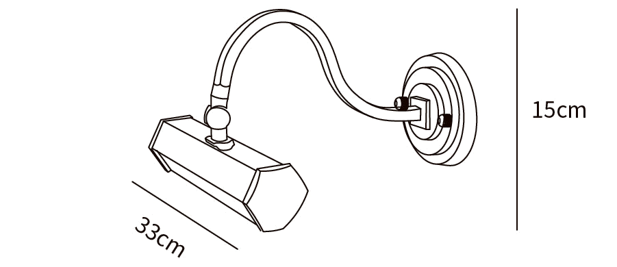Dimension drawing of this Clérachic wall light, with its 15 cm height and 33 cm shade length marked.