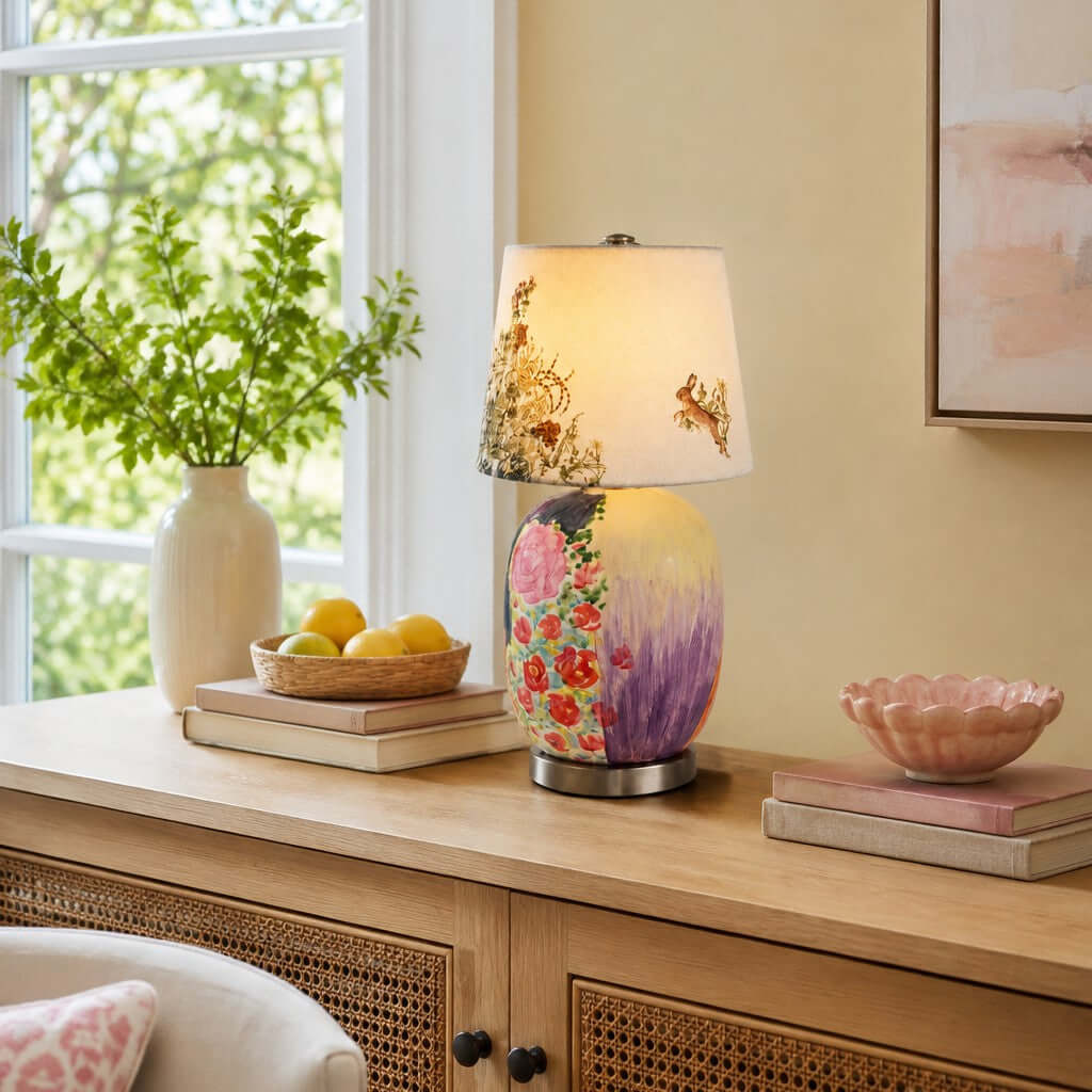 This Clérachic table lamp with a floral painted base glows on a rattan-fronted sideboard, beside a green plant and a pink bowl.