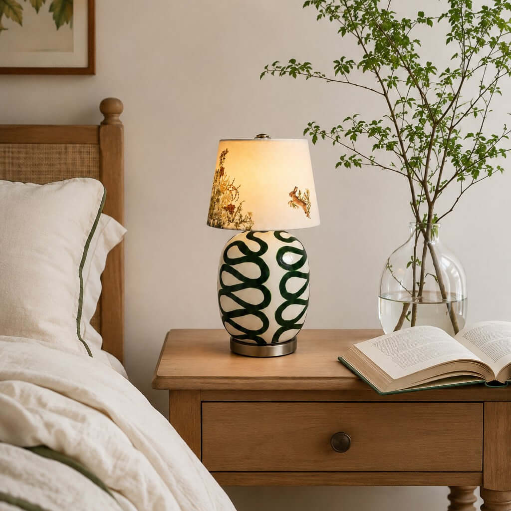 A Clérachic table lamp with a green looped base on a bedside table, with an open book, a glass vase of leaves and a rattan headboard.