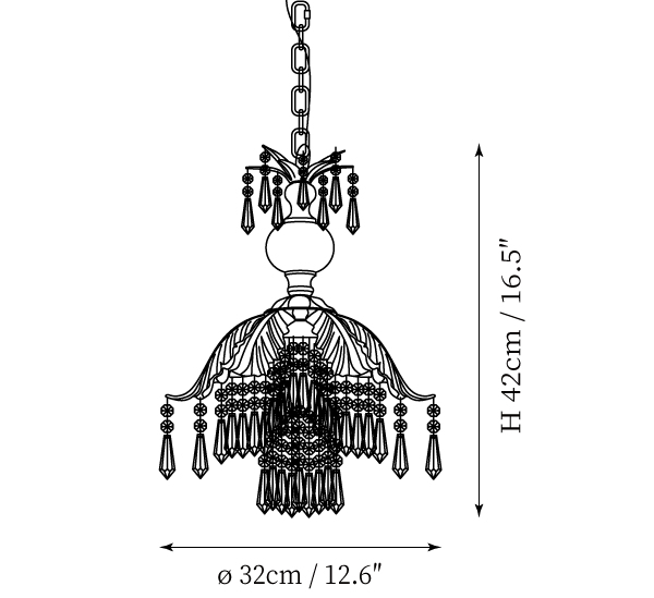 Dimension drawing of this Clérachic pendant, with its 32 cm diameter and 42 cm height marked.
