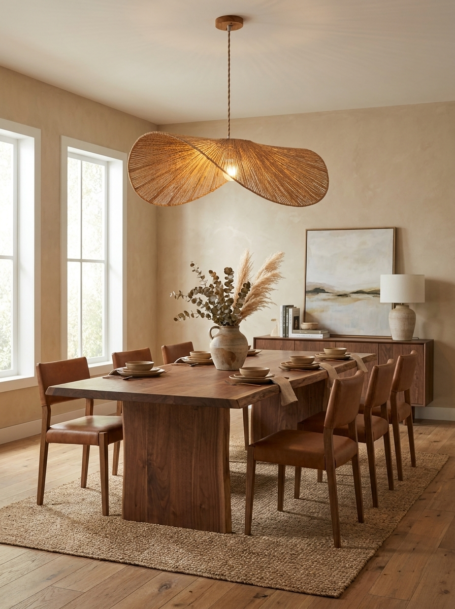 Above a long dark-wood dining table with jute rug and matching chairs, this Clérachic pendant glows warm.