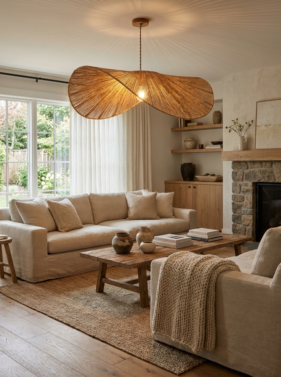 In a living room with linen sofas and a stone fireplace, this Clérachic pendant lights a wood coffee table.