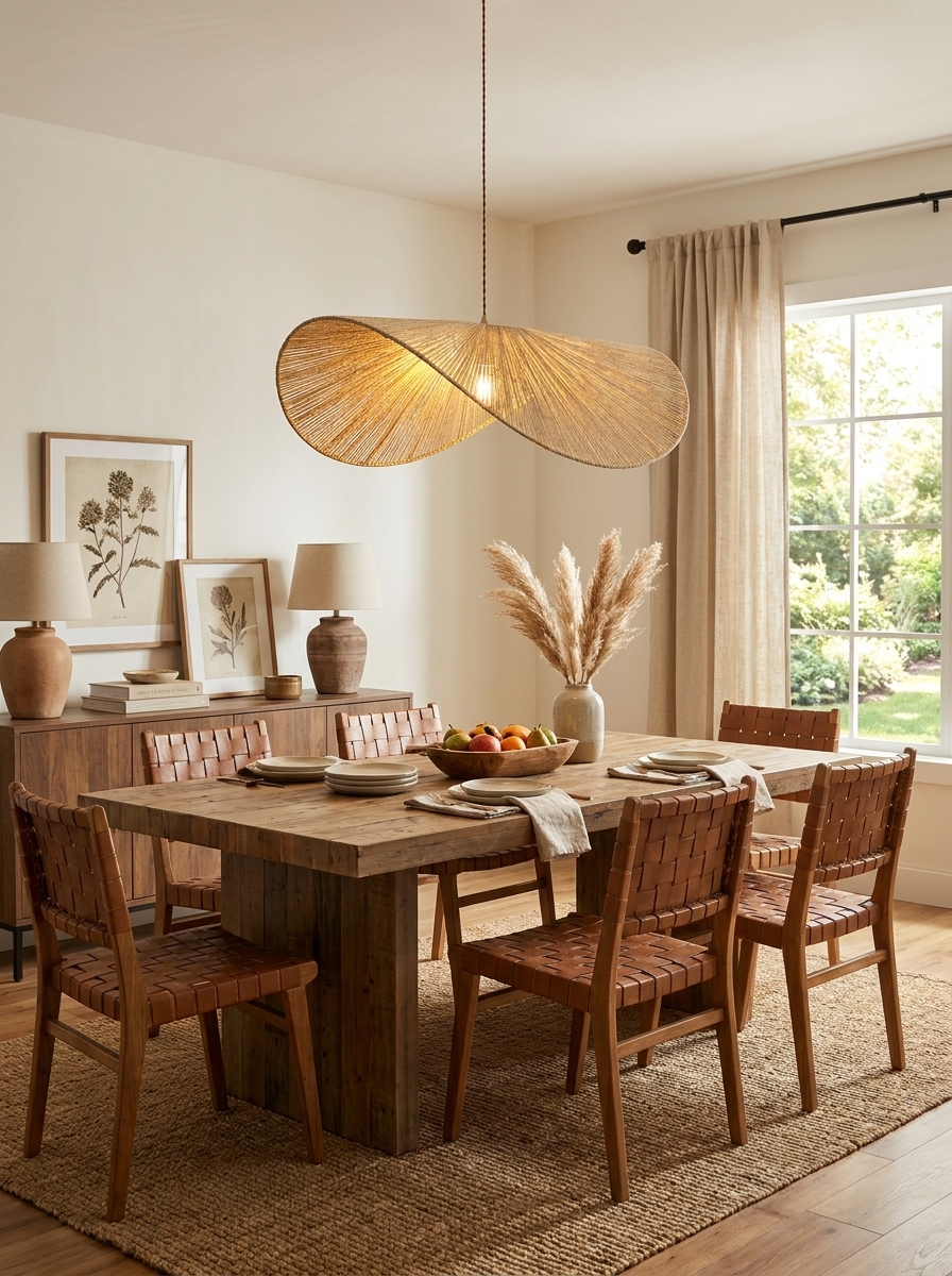 Beside a botanical print and a vase of pampas grass, this Clérachic pendant glows above a wood sideboard.