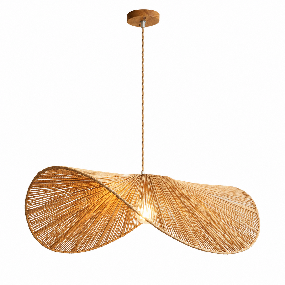 Straight-on studio shot of this Clérachic pendant in its hemp-coloured finish, cord and canopy fully visible.