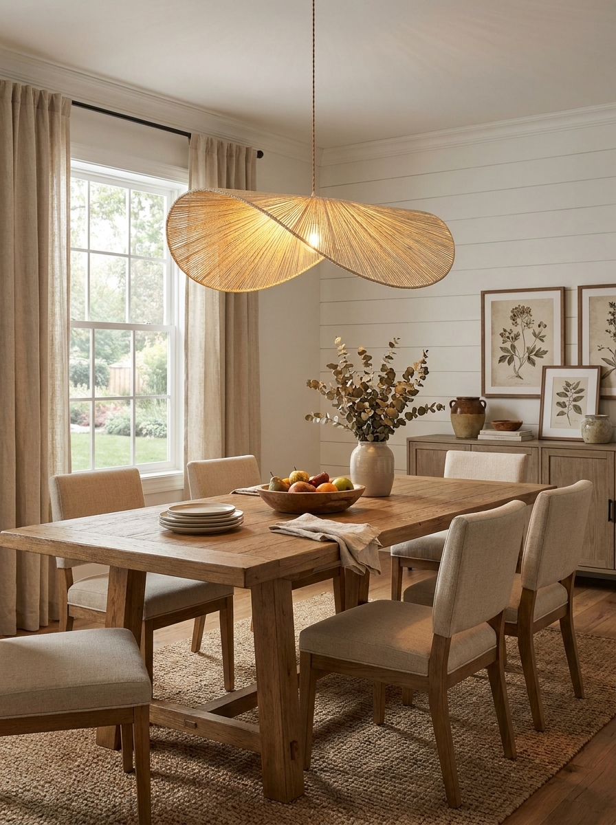 Above a wood dining table with upholstered chairs, this Clérachic pendant glows beside a shiplap wall.