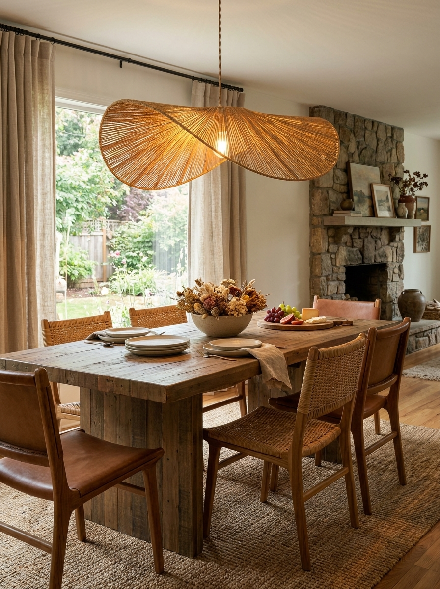 This Clérachic pendant lights a long dining table with leather and cane chairs, a stone fireplace behind.