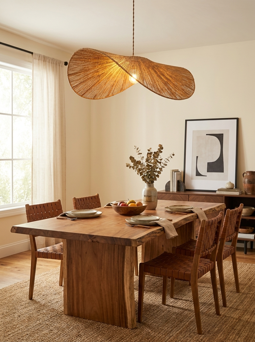 Over a live-edge wood dining table with mixed chairs, this Clérachic pendant glows beside a wood sideboard.