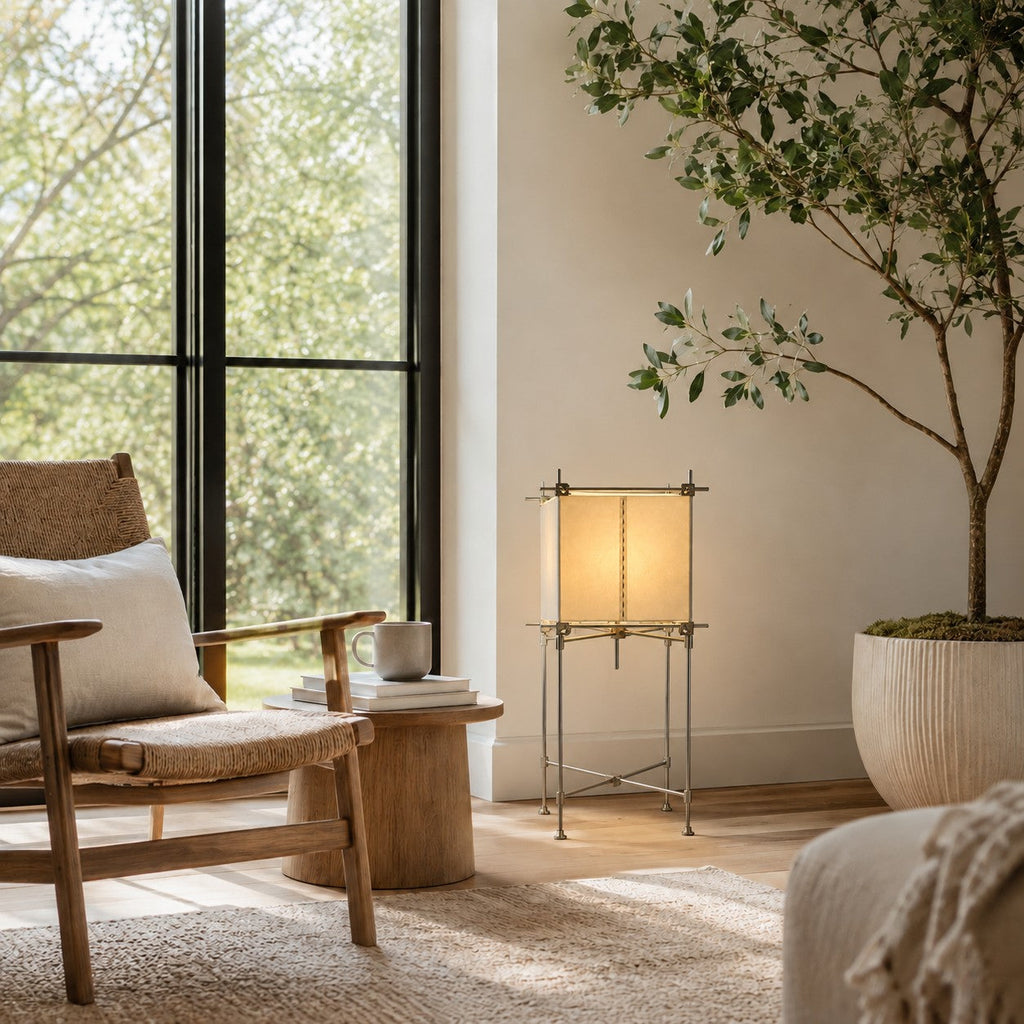 This Clérachic cube floor lamp glows beside a woven wooden chair and a tall potted tree, in front of a black-framed window.