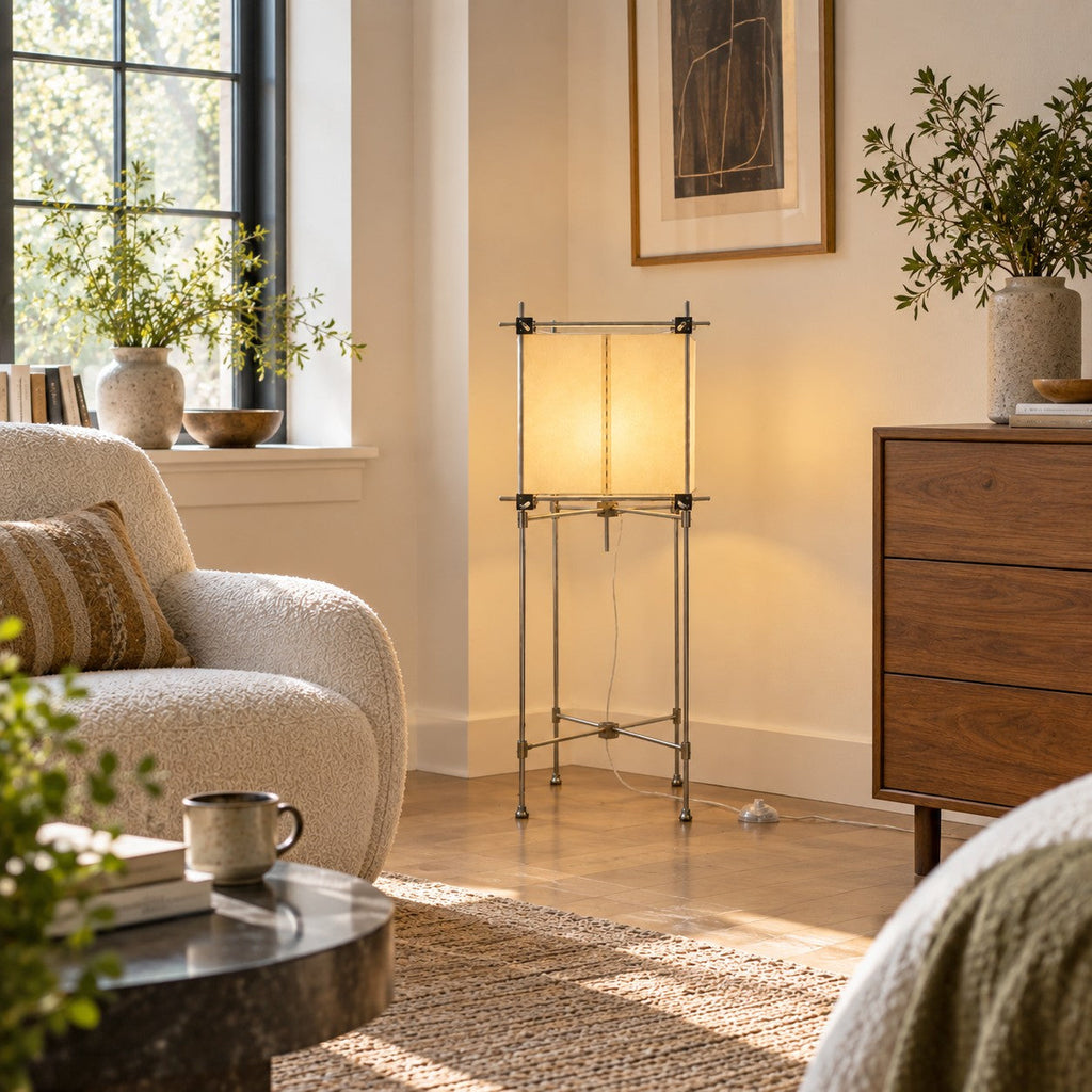 This Clérachic floor lamp stands in a living room corner beside a walnut chest of drawers and a cream armchair with a striped cushion.