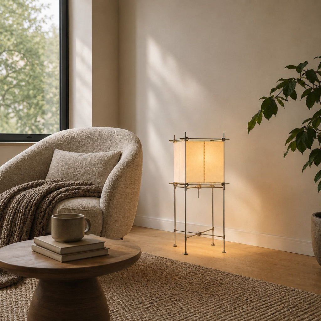 A Clérachic floor lamp with a paper shade lit in a bright corner, behind a round side table with a mug and two books.