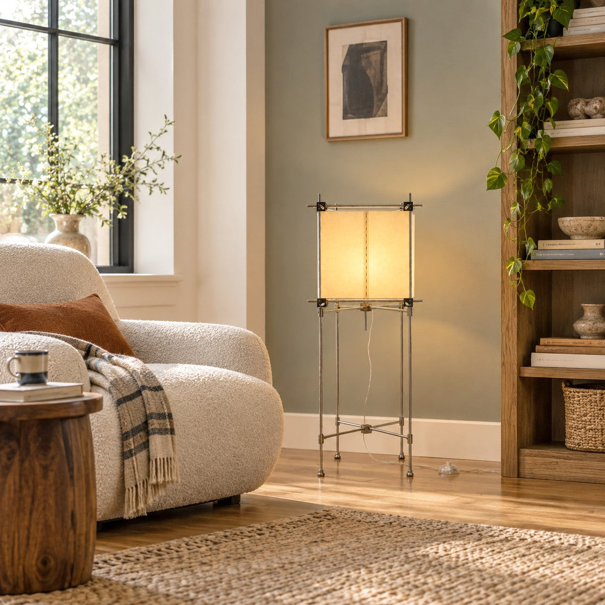 Clérachic floor lamp with a glowing paper cube shade against a sage wall, beside a wooden bookcase and a boucle sofa.