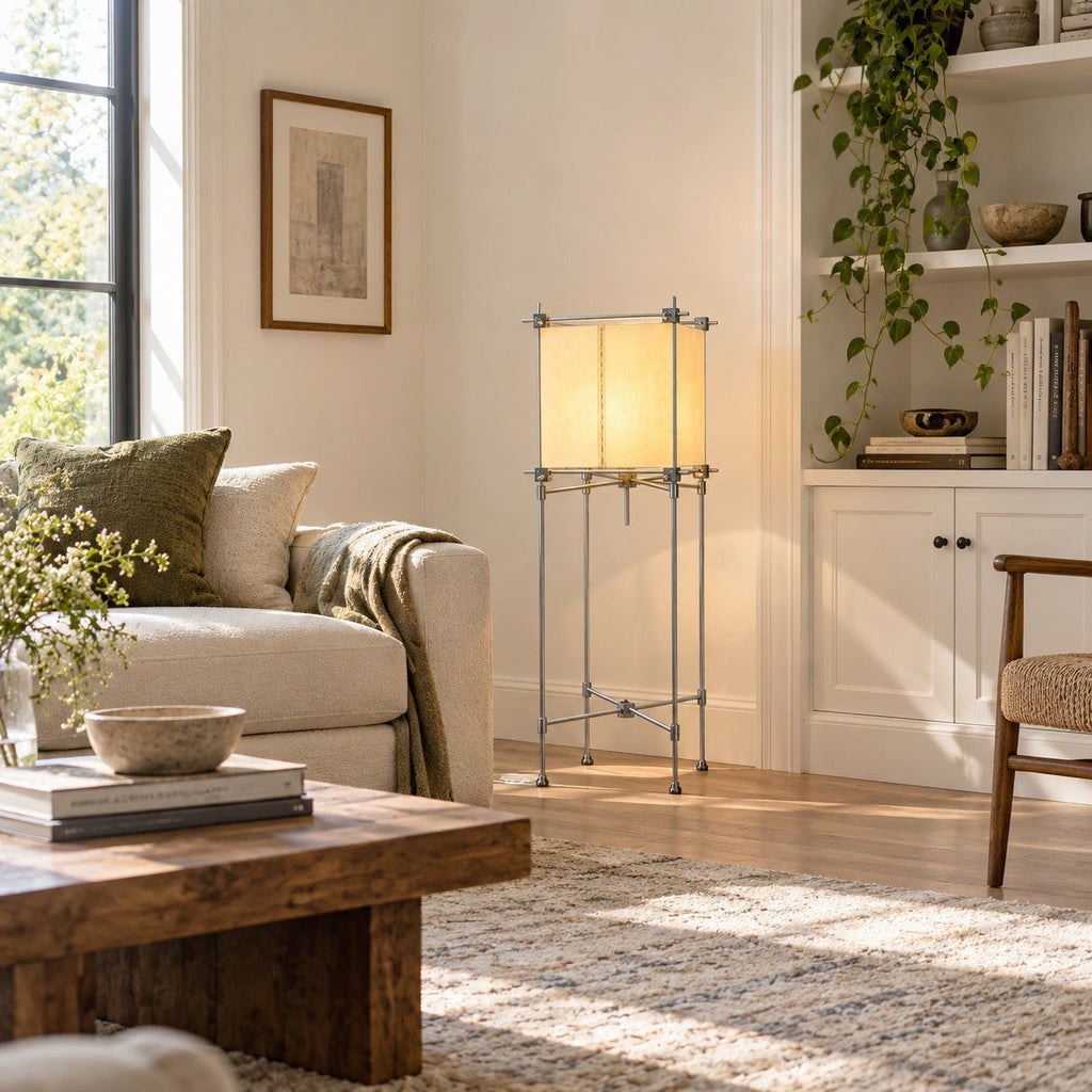 A Clérachic parchment shade floor lamp in a living room with white shelving, a sofa with green cushions and a rustic coffee table.