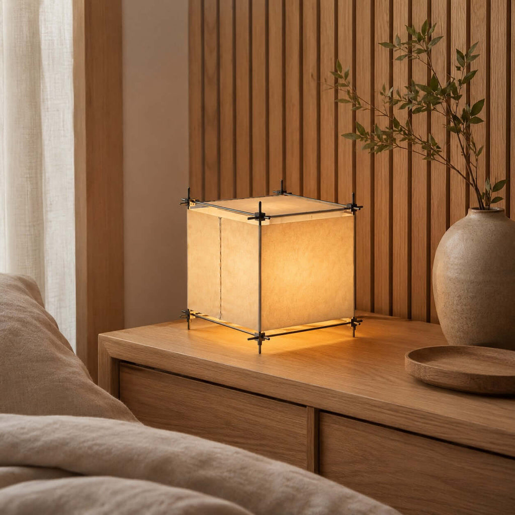 On a pale oak chest of drawers beside a slatted wall, this Clérachic cube lamp glows warmly through its parchment panels.