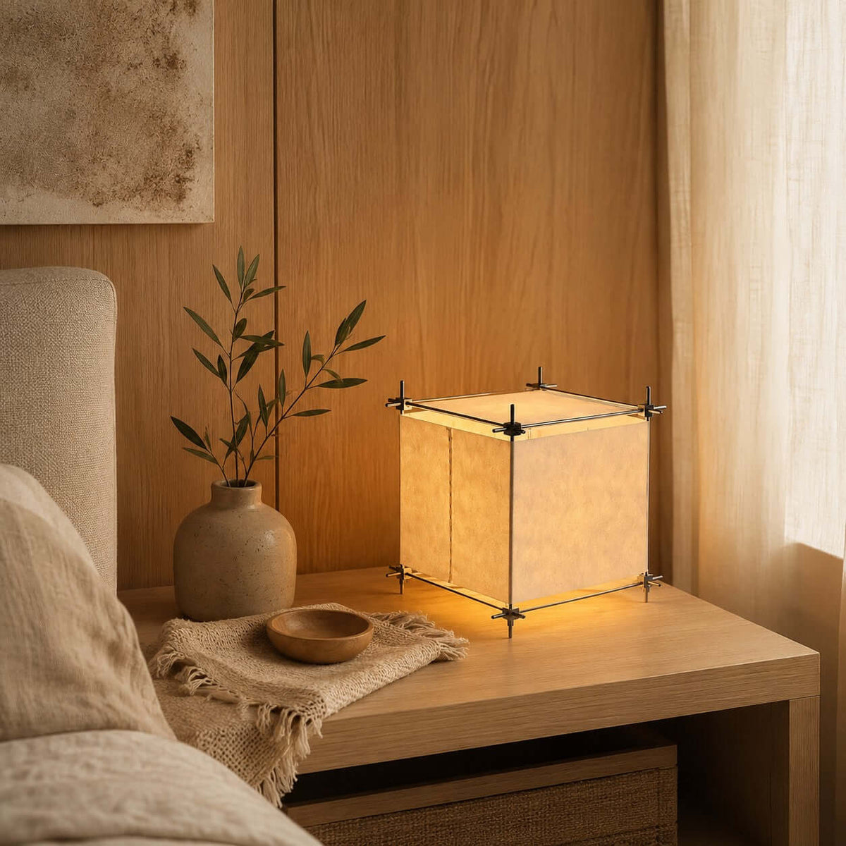 Next to a bed with linen bedding, this Clérachic parchment cube lamp lights an oak bedside table with a small vase and a woven throw.