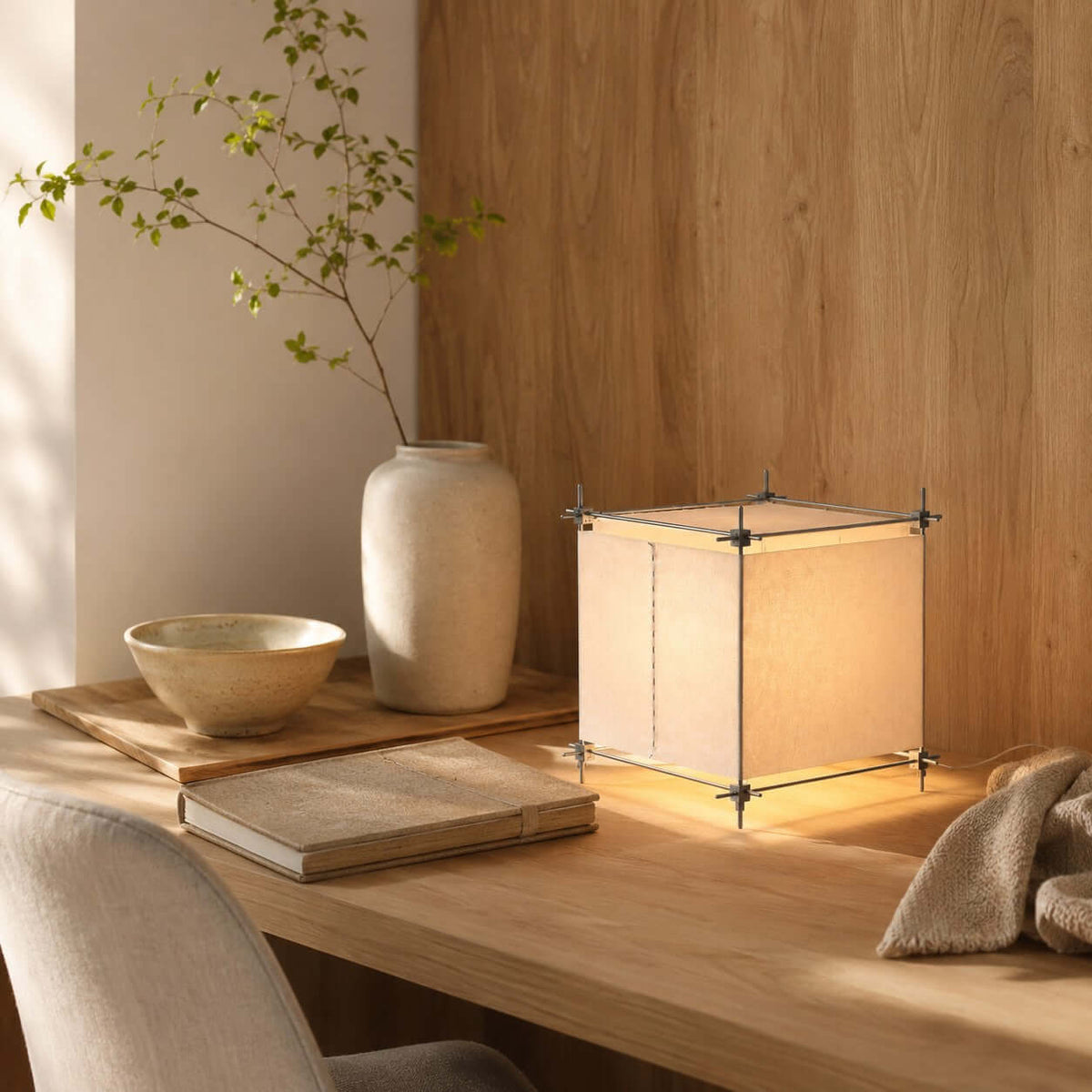 On an oak desk beside a stoneware vase and a closed notebook, this Clérachic cube lamp gives off a soft glow from its paper panels.