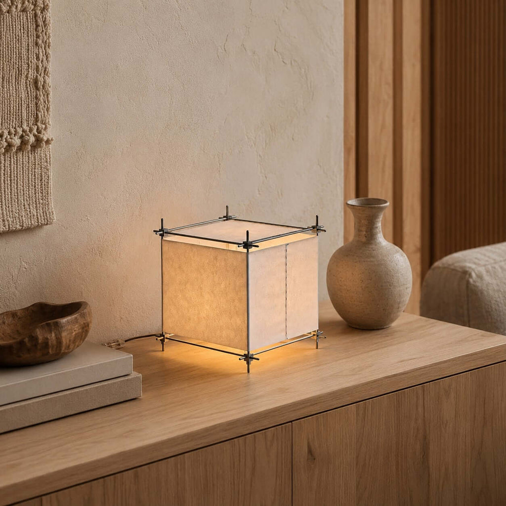 A Clérachic paper cube lamp stands on a pale sideboard with stacked books and a round-bellied vase, its warm light spilling beneath the frame.