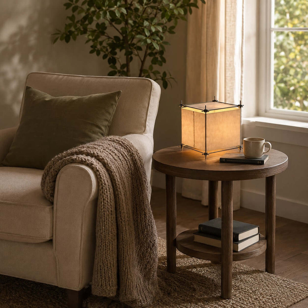 On a round wooden side table with a mug and a book, this Clérachic cube lamp stands next to a cream armchair and a knitted throw.
