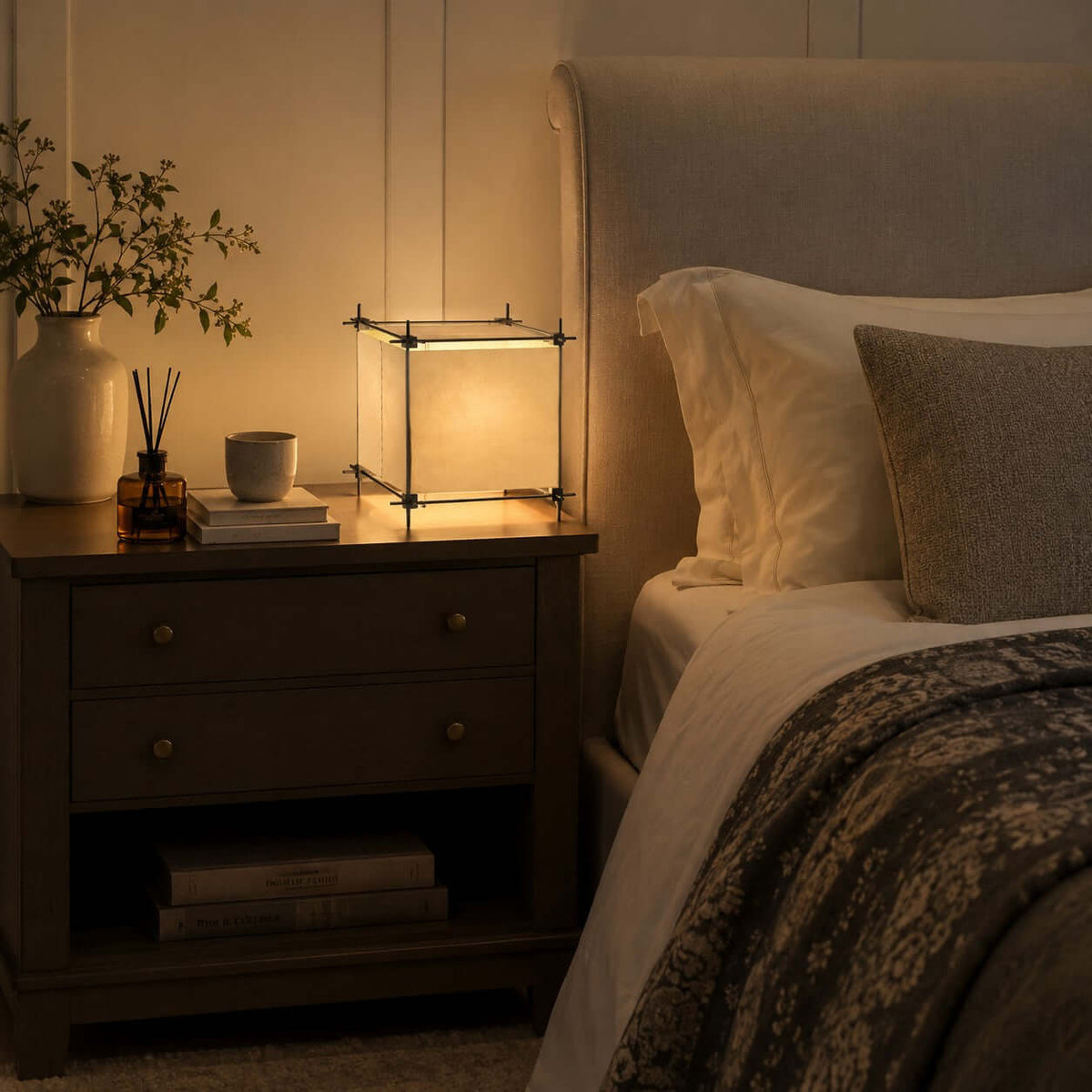 On a dark bedside chest with a diffuser, a vase and a mug, this Clérachic cube lamp lights the head of a bed in the evening.