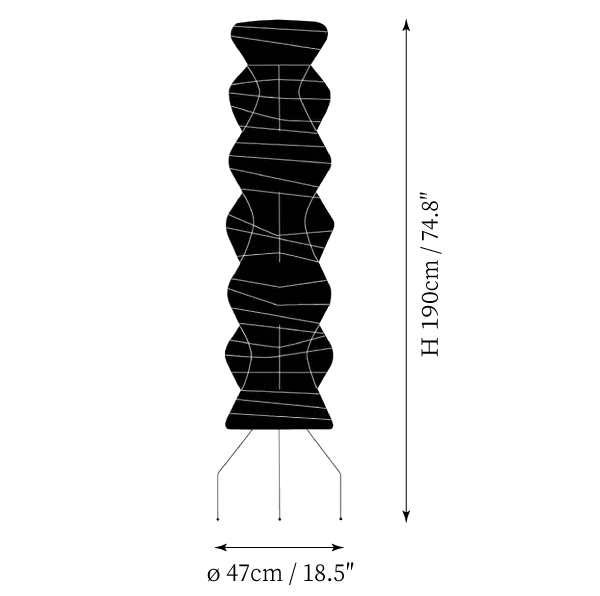 Clérachic floor lamp dimension drawing, every measurement marked in centimetres and inches.