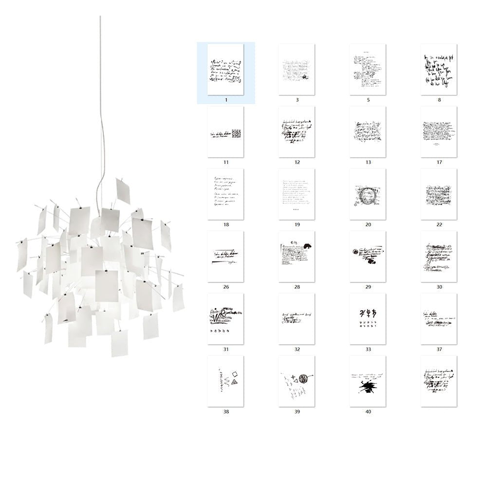 Plain Clérachic paper pendant on white beside a grid of handwritten-note card designs that can be chosen for its shade.