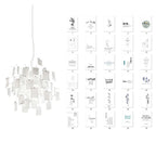 This Clérachic paper pendant is shown beside a grid of printed calligraphy-style cards in blue and black.