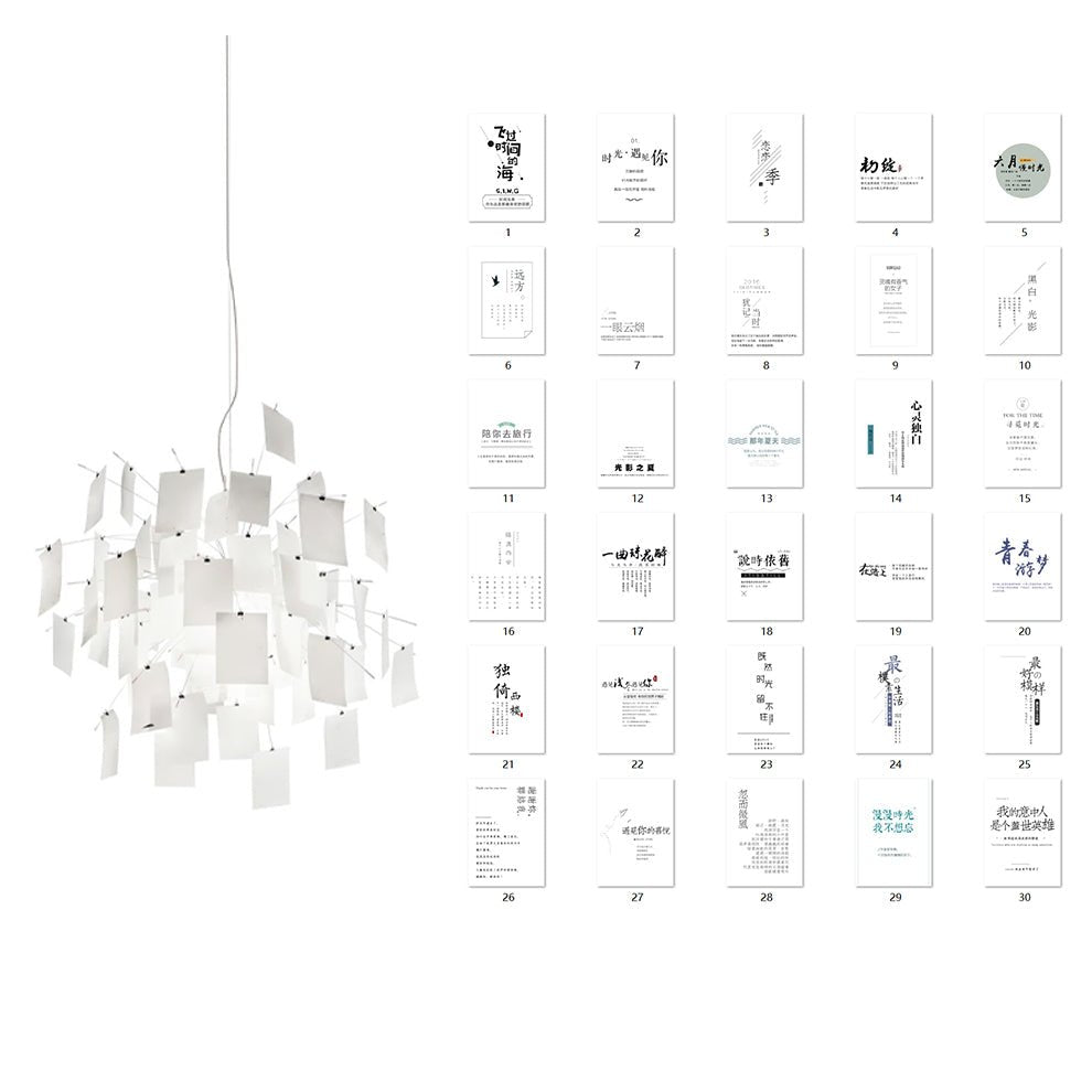 This Clérachic paper pendant is shown beside a grid of printed calligraphy-style cards in blue and black.