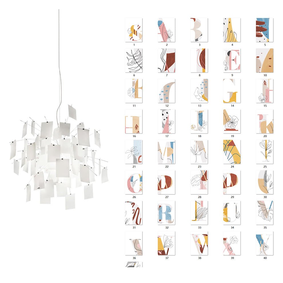A Clérachic paper pendant sits next to a grid of abstract line-art cards, with tan, rust and pale blue shapes.