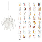A Clérachic paper pendant sits next to a grid of abstract line-art cards, with tan, rust and pale blue shapes.