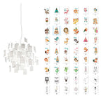 A grid of cartoon animal cards, shown on white beside this Clérachic paper pendant, displays the childlike card theme.