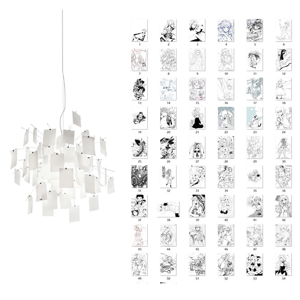 A grid of black and white anime-style sketch cards sits beside this Clérachic paper pendant on white.
