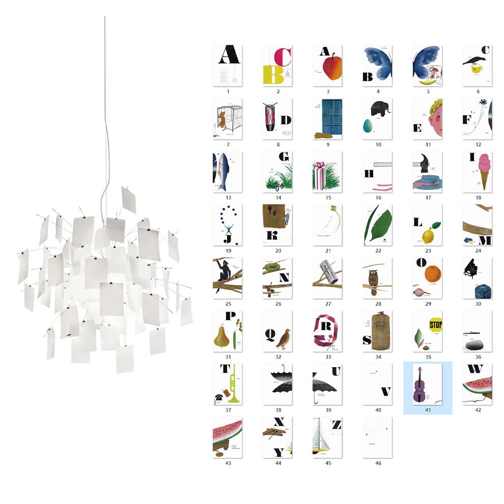 A grid of alphabet cards, each letter paired with a small illustration, stands beside this Clérachic paper pendant on white.