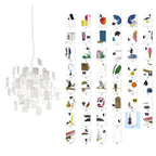 A grid of alphabet cards, each letter paired with a small illustration, stands beside this Clérachic paper pendant on white.