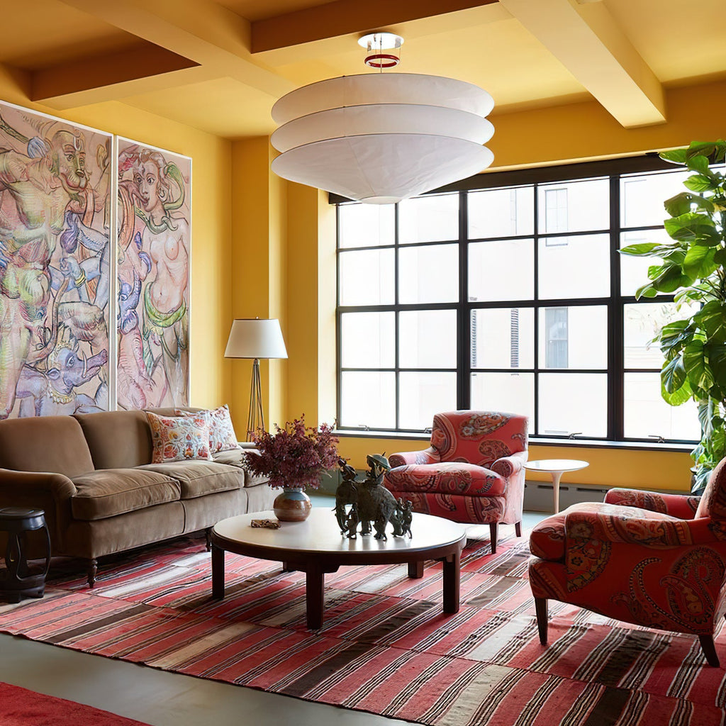 A Clérachic three-tier paper pendant hangs above a coffee table in a mustard-yellow room with large black-framed windows and a patterned rug.