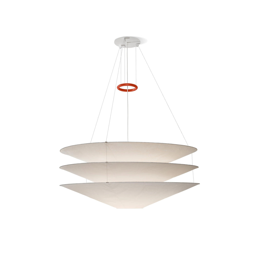 A Clérachic pendant with three stacked white paper cones, a red ring and a white ceiling plate, on a plain white backdrop.