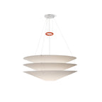A Clérachic pendant with three stacked white paper cones, a red ring and a white ceiling plate, on a plain white backdrop.