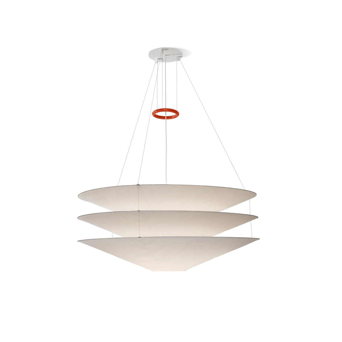 A Clérachic pendant with three stacked white paper cones, a red ring and a white ceiling plate, on a plain white backdrop.