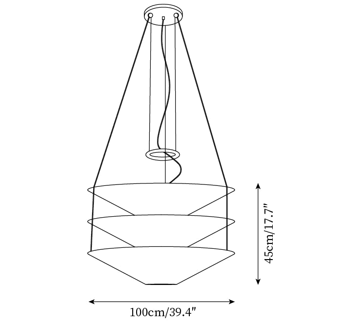 Clérachic pendant light dimension drawing, every measurement marked in centimetres and inches.