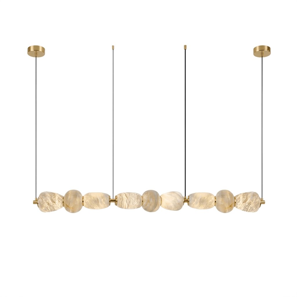 Clérachic gallery view of nine textured stone pebbles hanging in a line below four fine cords and gold canopies, on a plain white background.