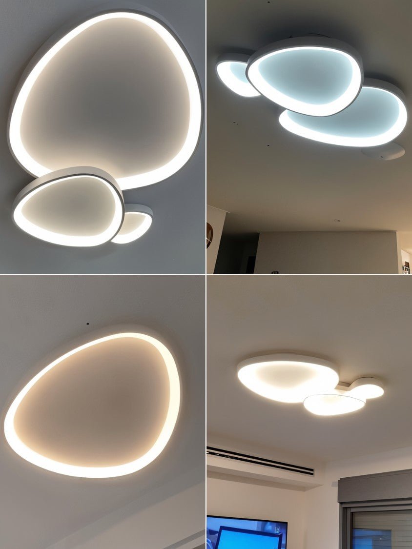 Four customer-style photos of Clérachic white pebble ceiling lights, lit warm and cool, in different rooms and layouts.