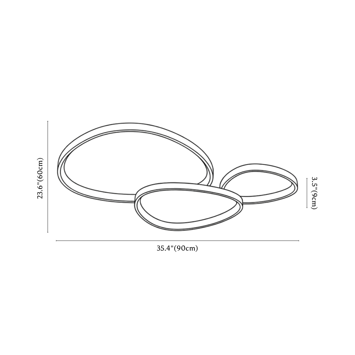 Clérachic ceiling light dimension drawing, 3 of 3, every measurement marked in centimetres and inches.