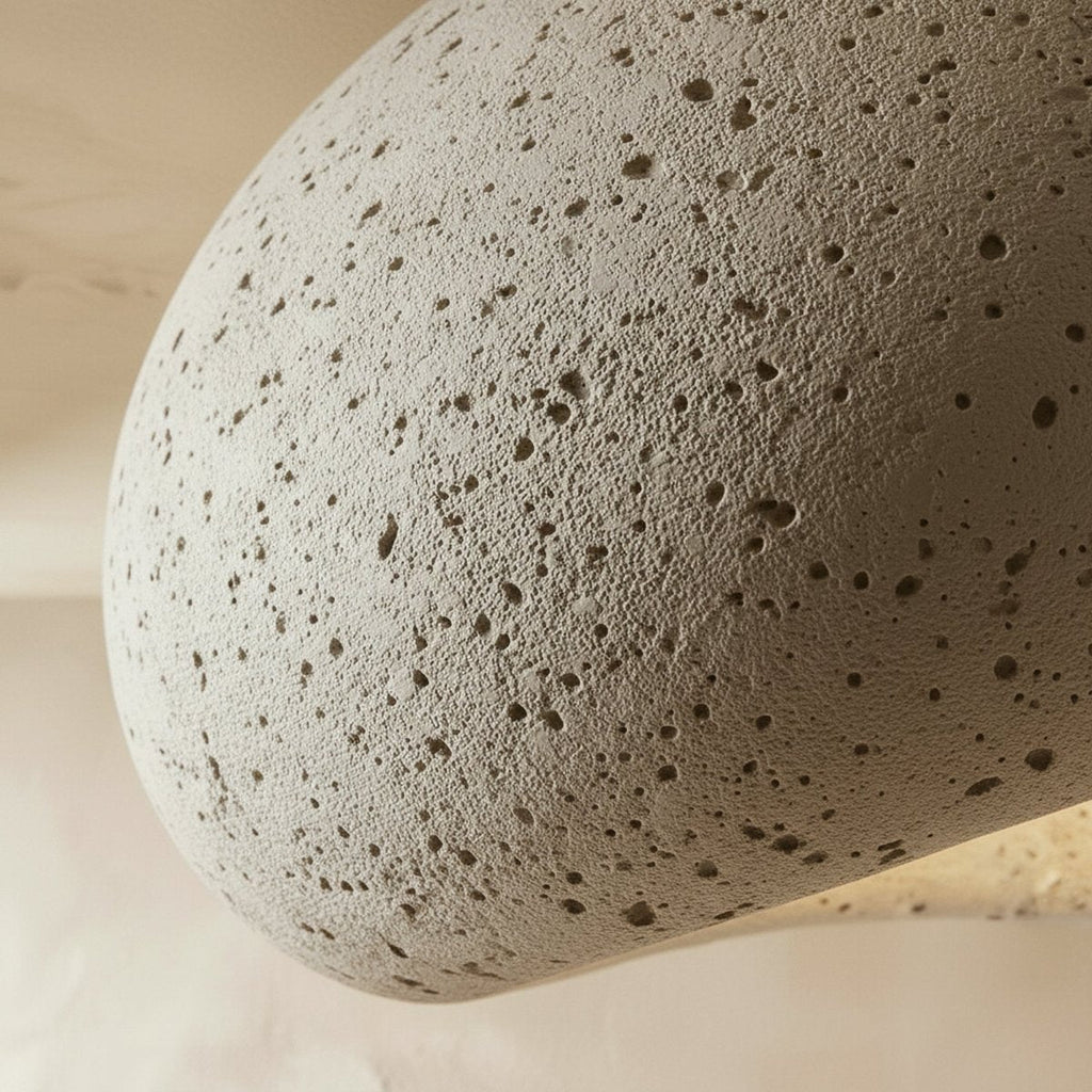 Close detail of the Clérachic cement-white shell, showing its porous, stone-like surface and a hint of lit interior.
