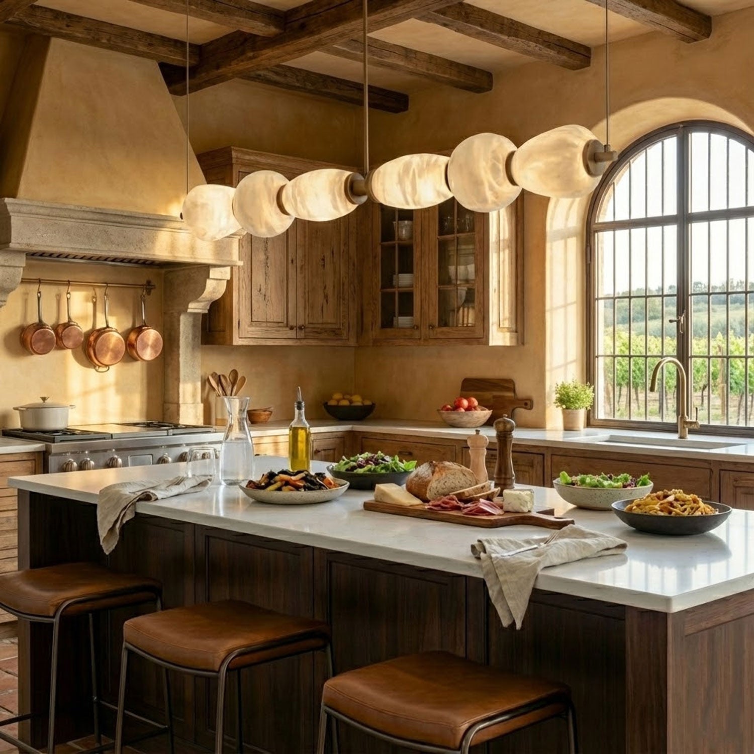 The Clérachic Pebble chandelier over a timber kitchen island under exposed ceiling beams.